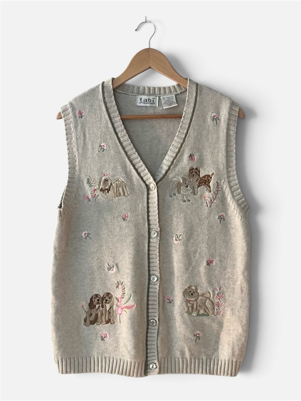 Vintage Tabi Cottagecore Embroidered Dog Cotton Sweater Vest M